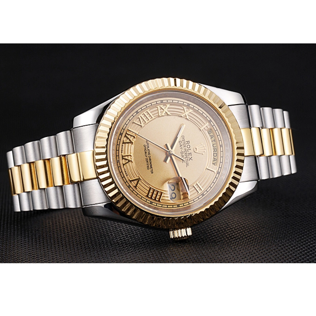 Aaa replica watch 18k Gold Steel Dial Day-Date Stainless Plated Gold Two Rolex Tone 0604
